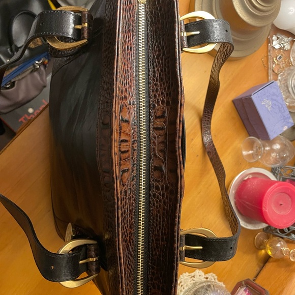 Brahmin Vintage Black/Pecan Crocodile Leather Trim Shoulder Bag Medium Zip Tote - Picture 14 of 15